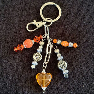 NEW Orange Heart Beaded Crystal Bag Charm Keychain Handmade One of a Kind